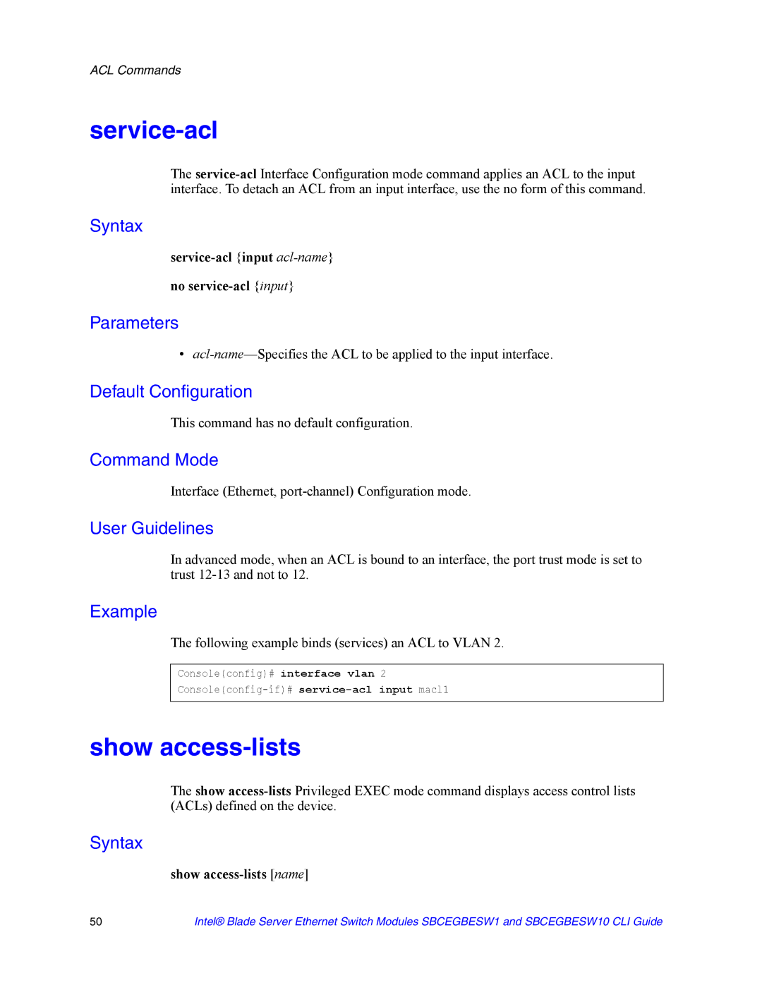 Intel SBCEGBESW10 CLI manual Service-acl input acl-name No service-acl input, Show access-lists name 