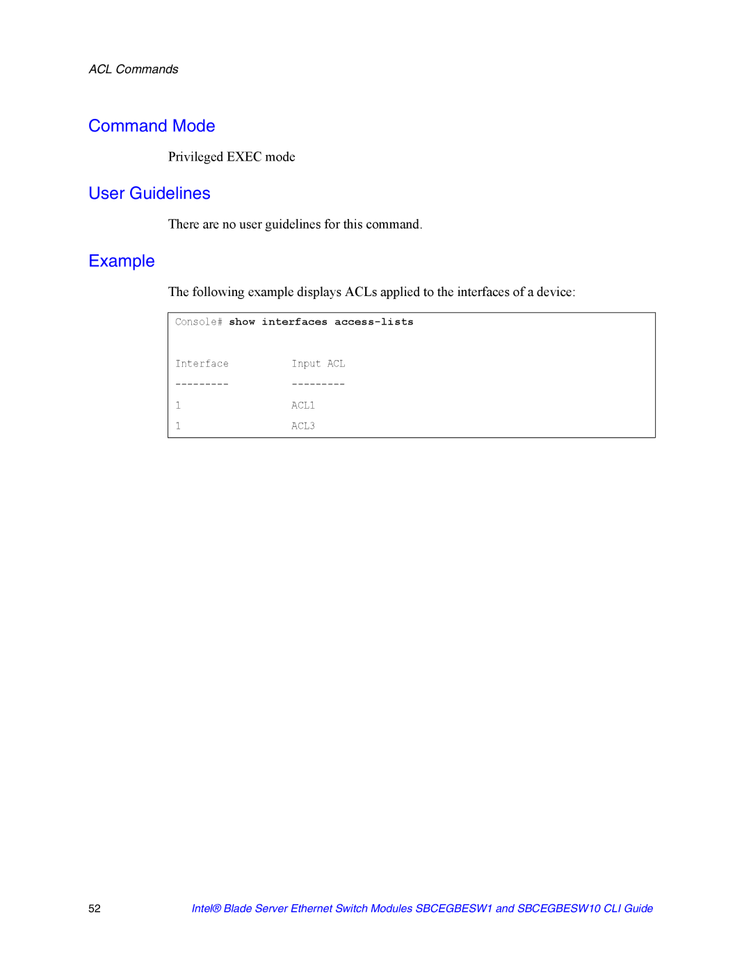Intel SBCEGBESW10 CLI manual Console# show interfaces access-lists 