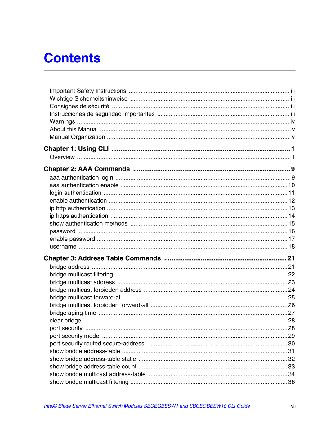 Intel SBCEGBESW10 CLI manual Contents 