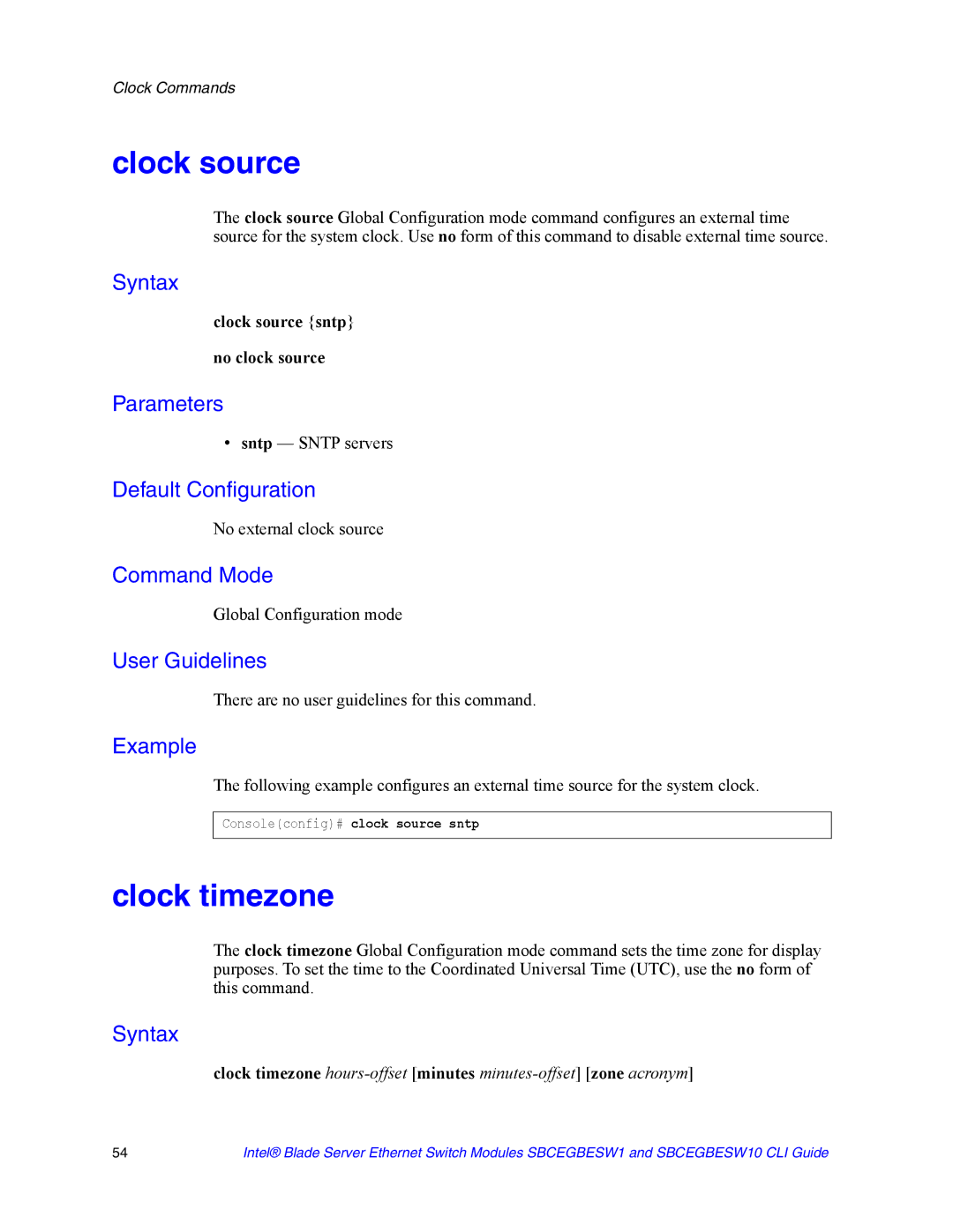 Intel SBCEGBESW10 CLI manual Clock source, Clock timezone, Sntp Sntp servers, No external clock source 