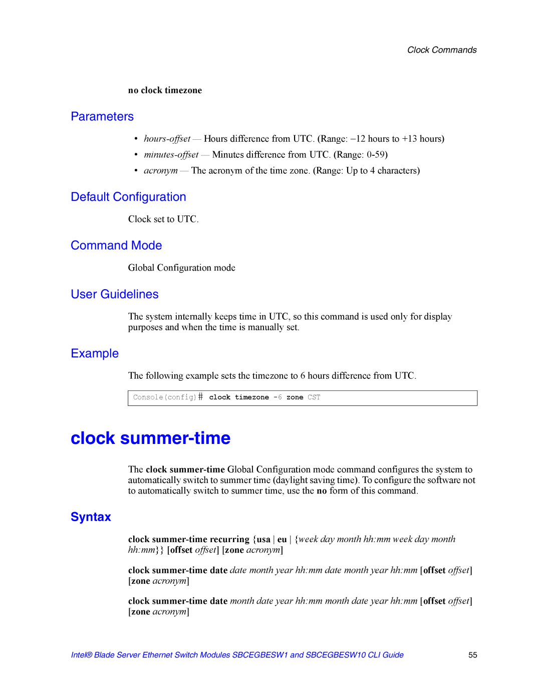 Intel SBCEGBESW10 CLI manual Clock summer-time, No clock timezone, Clock set to UTC 