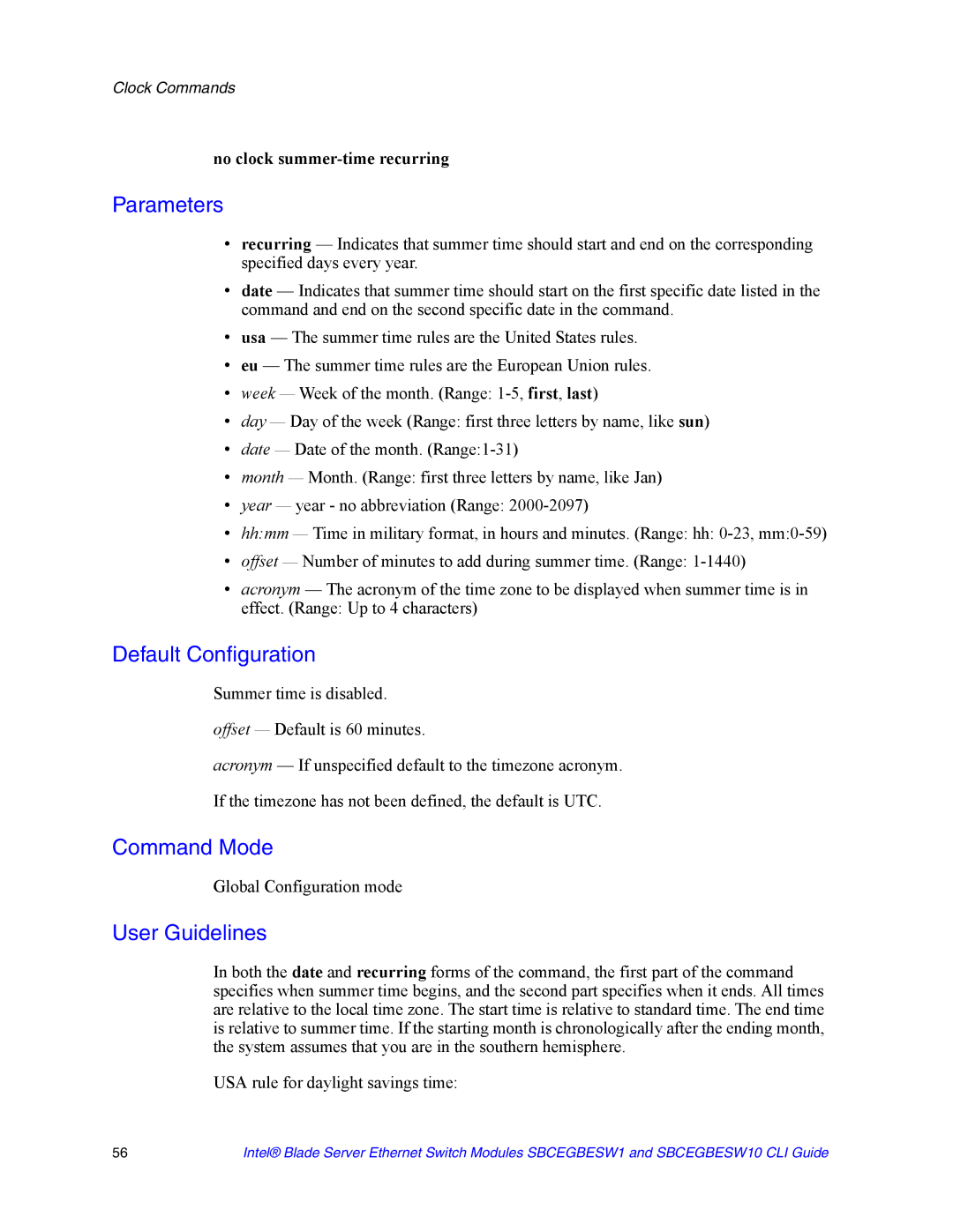 Intel SBCEGBESW10 CLI manual No clock summer-time recurring 