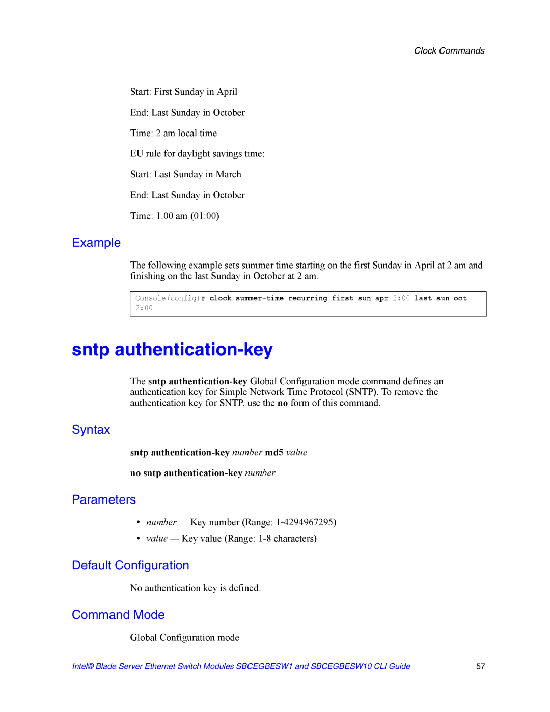 Intel SBCEGBESW10 CLI manual Sntp authentication-key, No authentication key is defined 