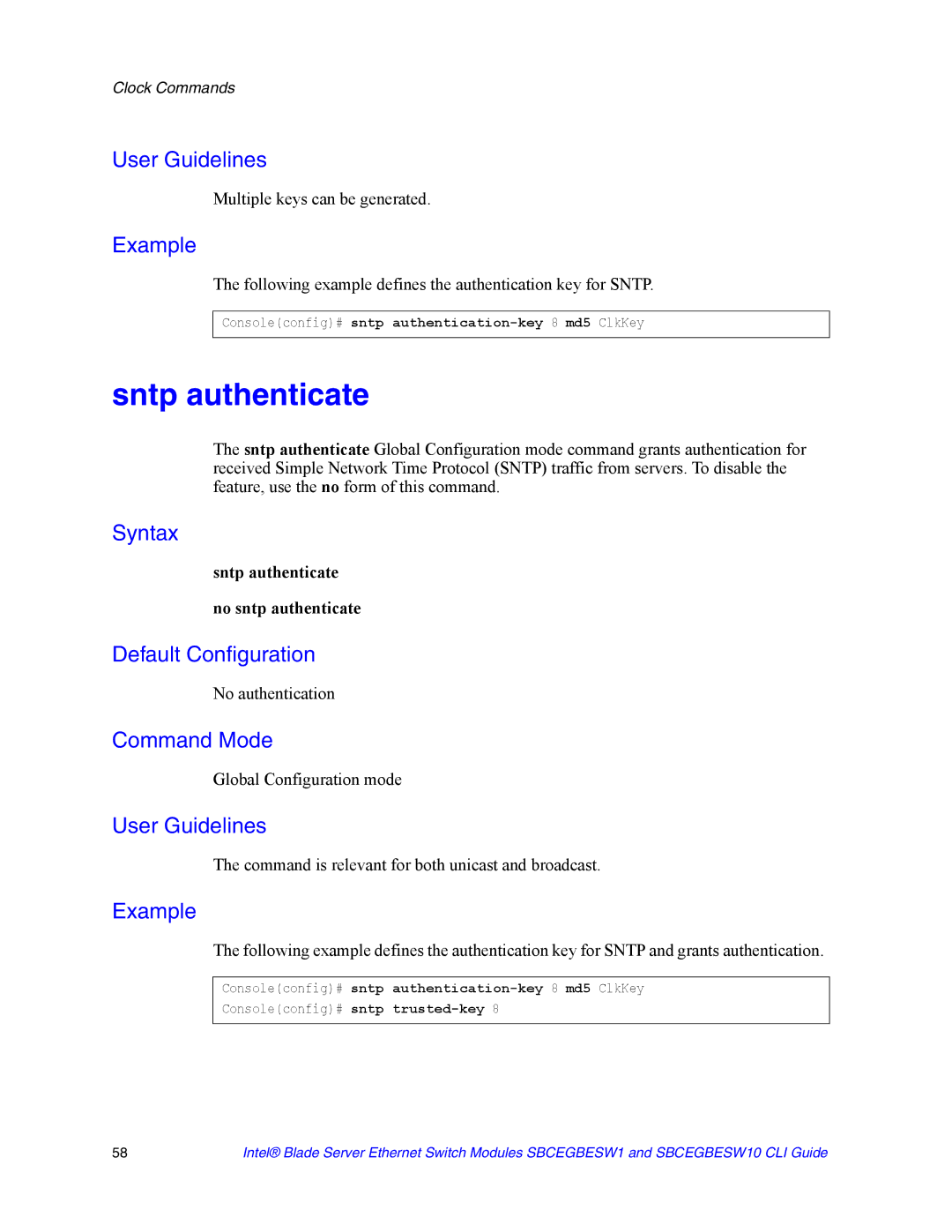 Intel SBCEGBESW10 CLI manual Sntp authenticate no sntp authenticate 