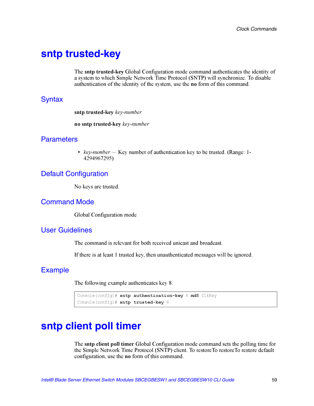 Intel SBCEGBESW10 CLI manual Sntp client poll timer, Sntp trusted-key key-number No sntp trusted-key key-number 