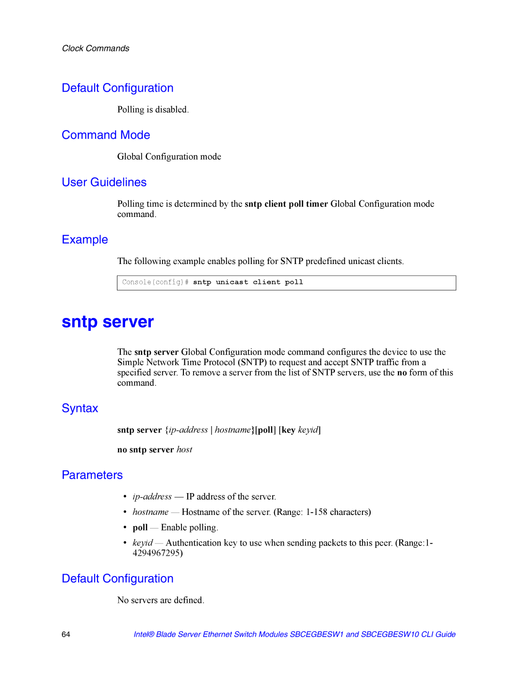 Intel SBCEGBESW10 CLI manual Sntp server, Polling is disabled, No sntp server host, No servers are defined 