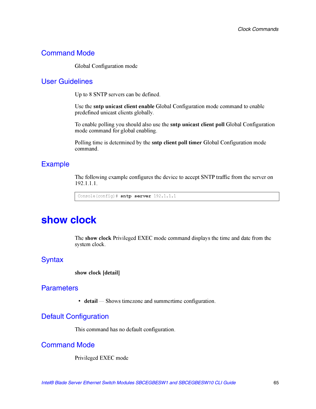 Intel SBCEGBESW10 CLI manual Show clock detail, Detail Shows timezone and summertime configuration 