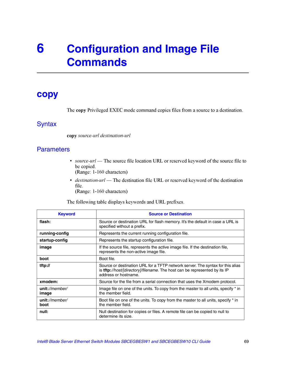 Intel SBCEGBESW10 CLI manual Configuration and Image File Commands, Copy 