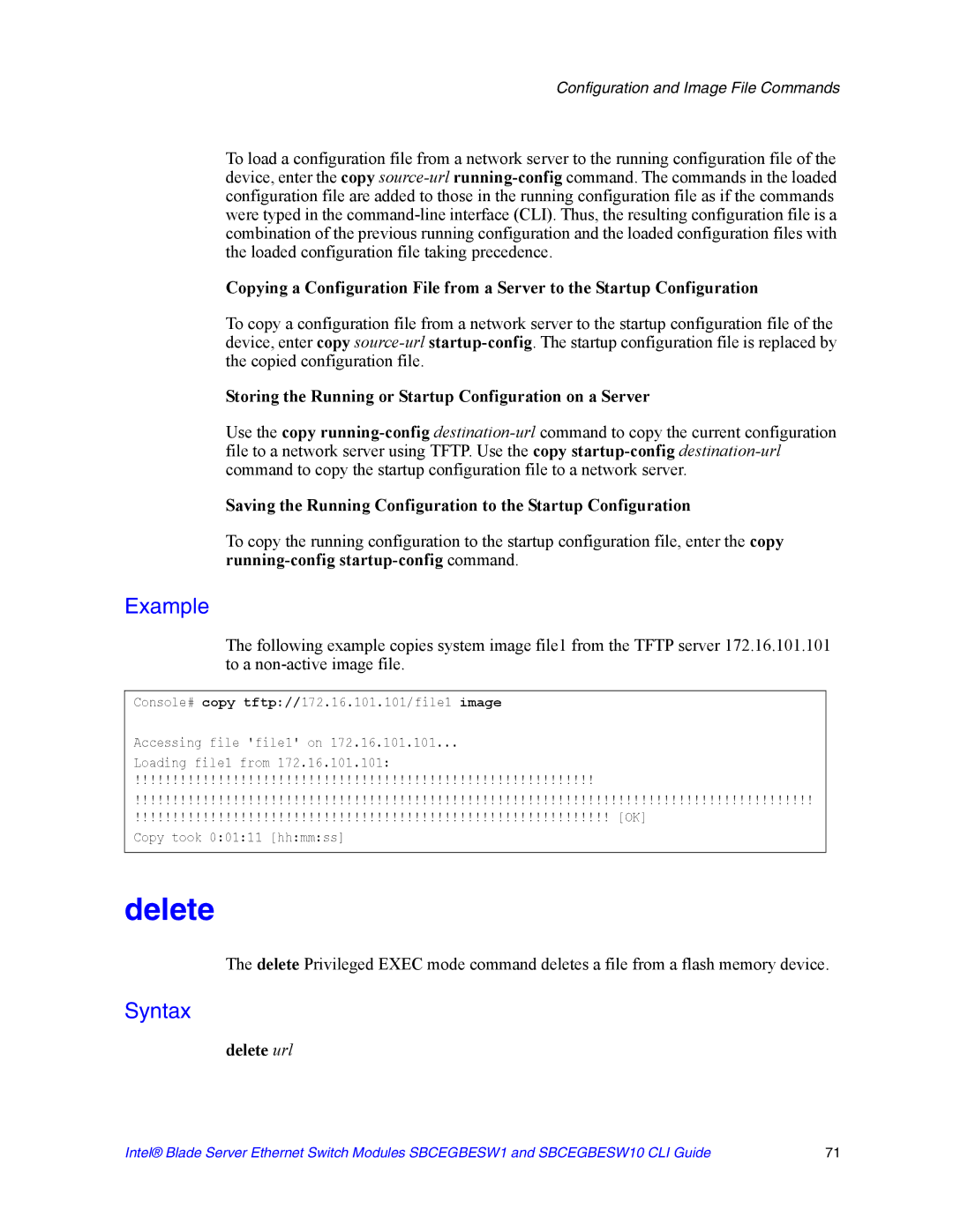 Intel SBCEGBESW10 CLI manual Storing the Running or Startup Configuration on a Server, Delete url 