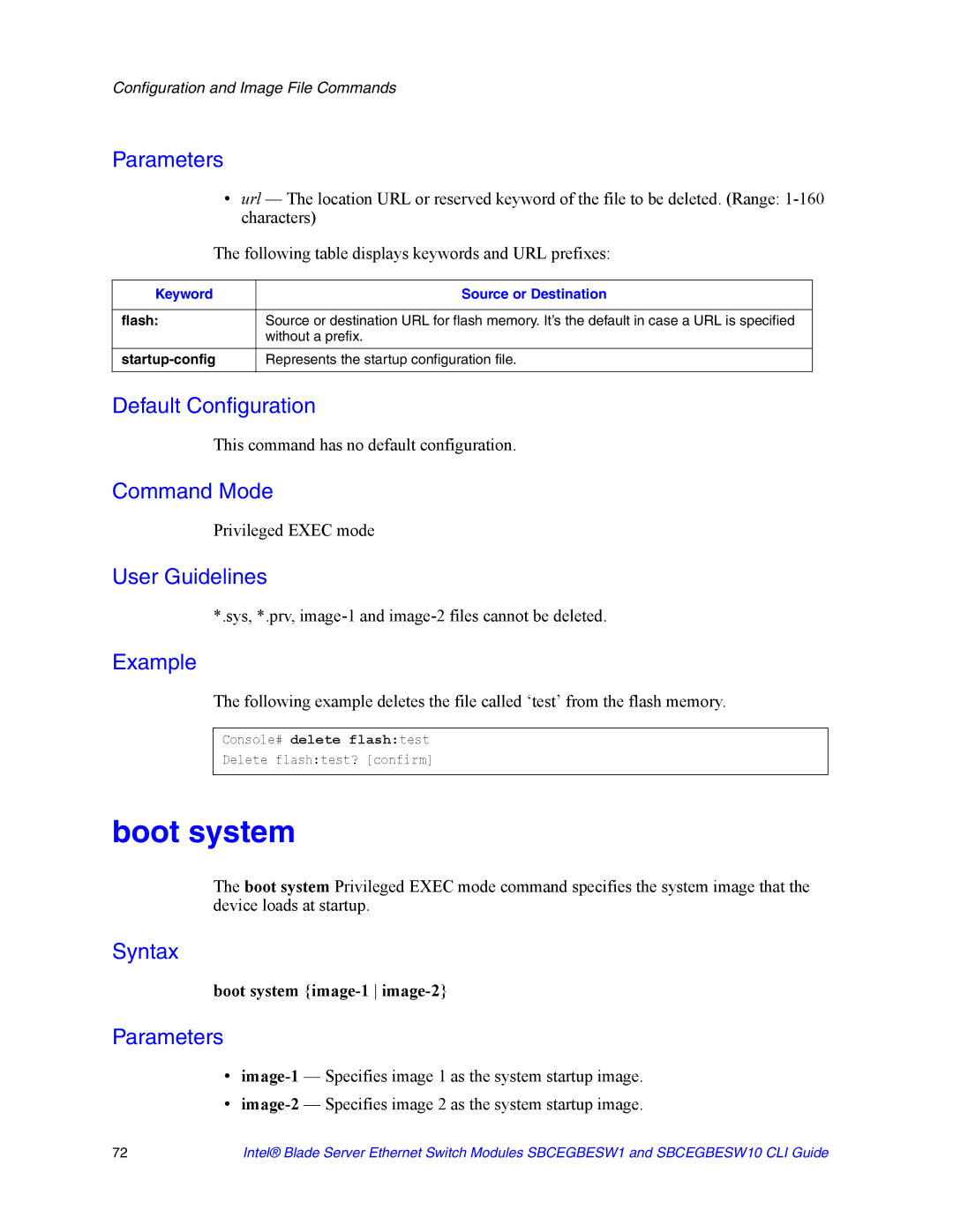 Intel SBCEGBESW10 CLI manual Sys, *.prv, image-1 and image-2 files cannot be deleted, Boot system image-1 image-2 