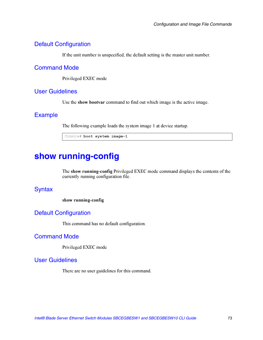 Intel SBCEGBESW10 CLI manual Show running-config, Console# boot system image-1 