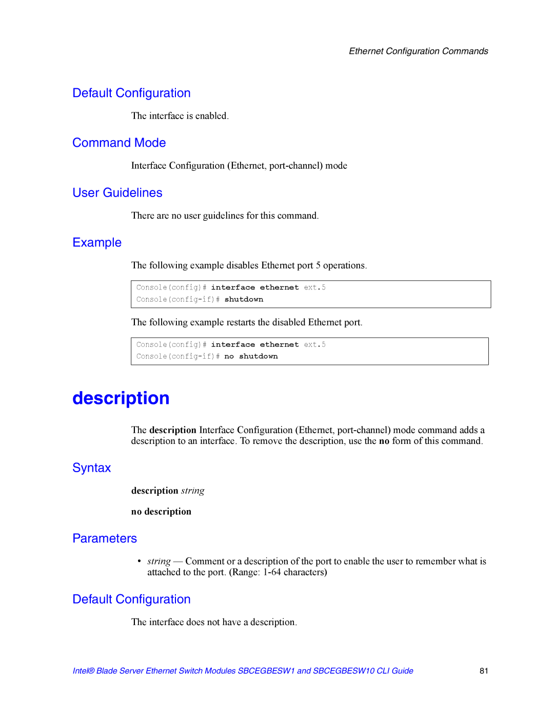 Intel SBCEGBESW10 CLI manual Description string No description 