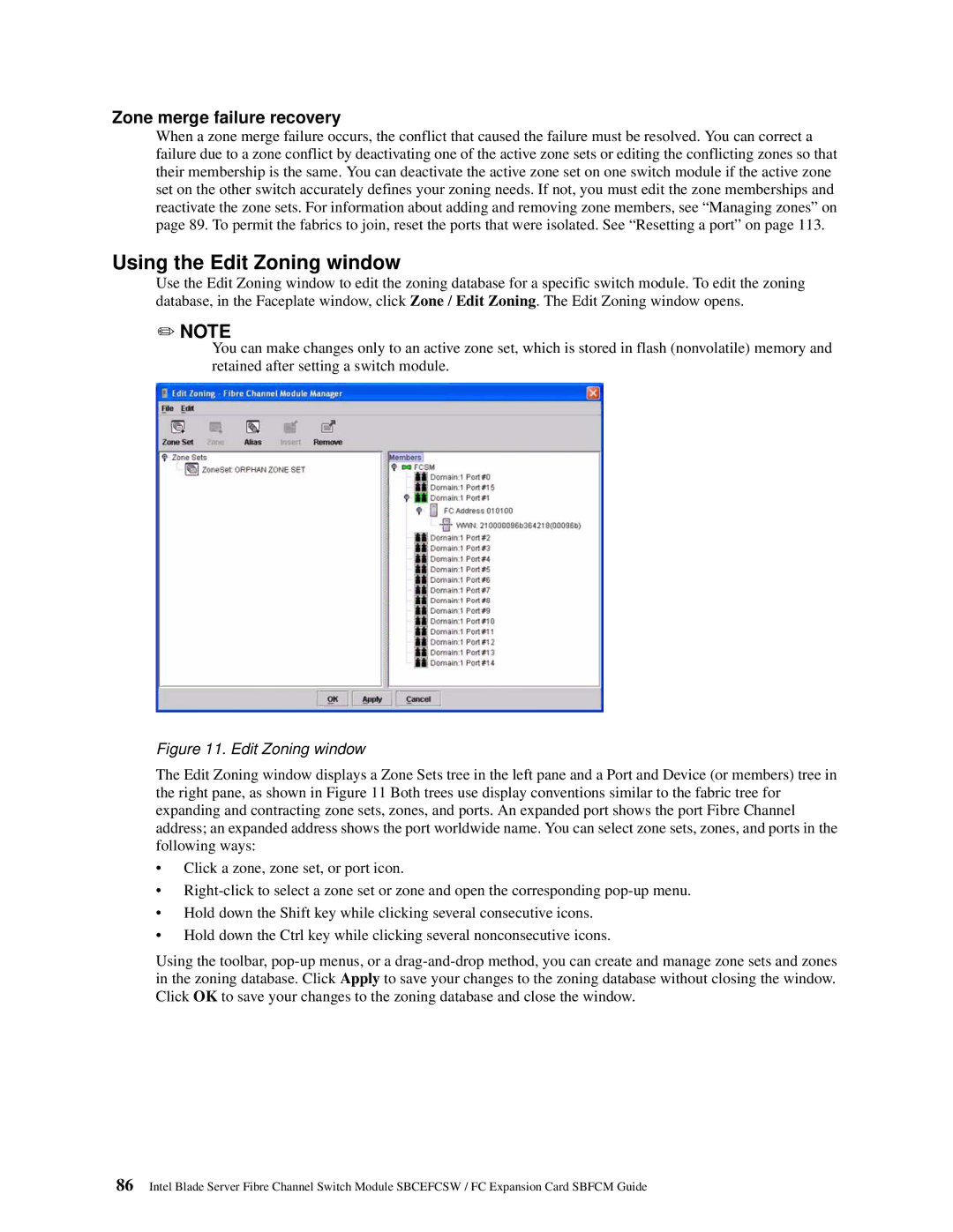 Intel SBFCM, SBCEFCSW manual Using the Edit Zoning window, Zone merge failure recovery 