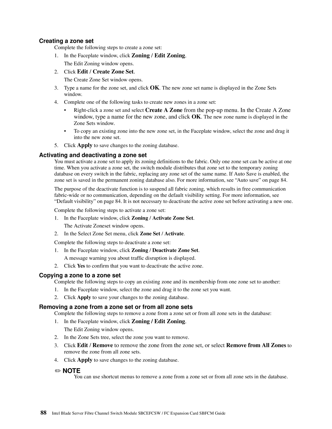 Intel SBFCM, SBCEFCSW manual Creating a zone set, Click Edit / Create Zone Set, Activating and deactivating a zone set 