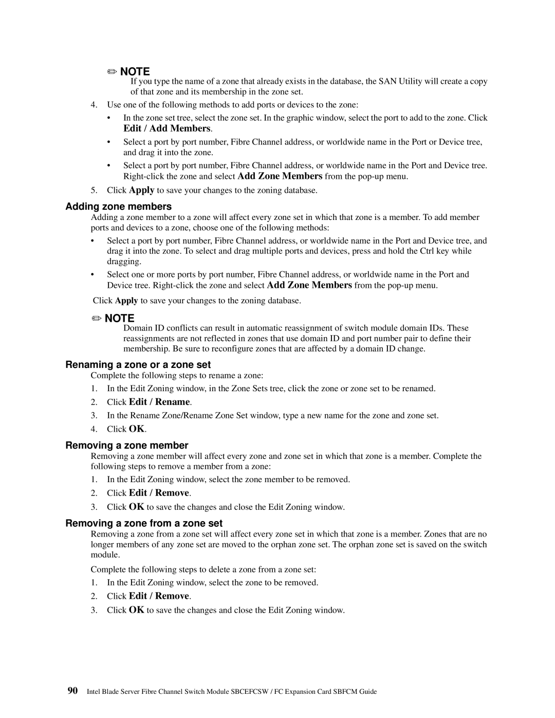 Intel SBFCM Adding zone members, Renaming a zone or a zone set, Removing a zone member, Removing a zone from a zone set 