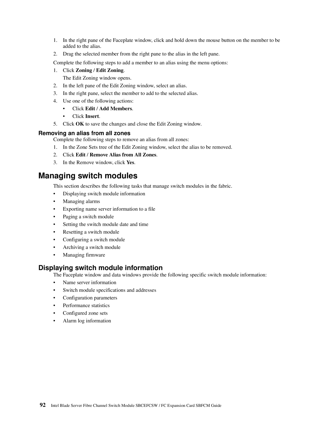 Intel SBFCM, SBCEFCSW manual Managing switch modules, Displaying switch module information, Removing an alias from all zones 