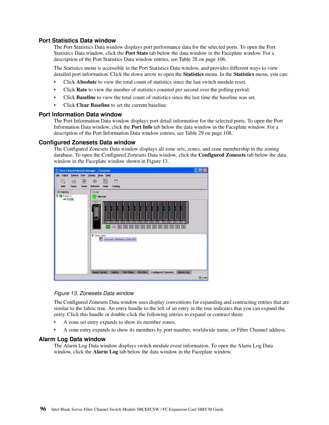 Intel SBFCM, SBCEFCSW manual Port Statistics Data window, Port Information Data window, Configured Zonesets Data window 