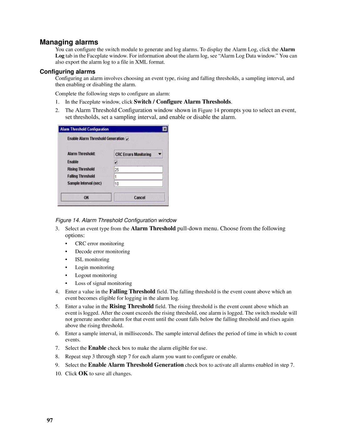 Intel SBCEFCSW, SBFCM Managing alarms, Configuring alarms, Faceplate window, click Switch / Configure Alarm Thresholds 