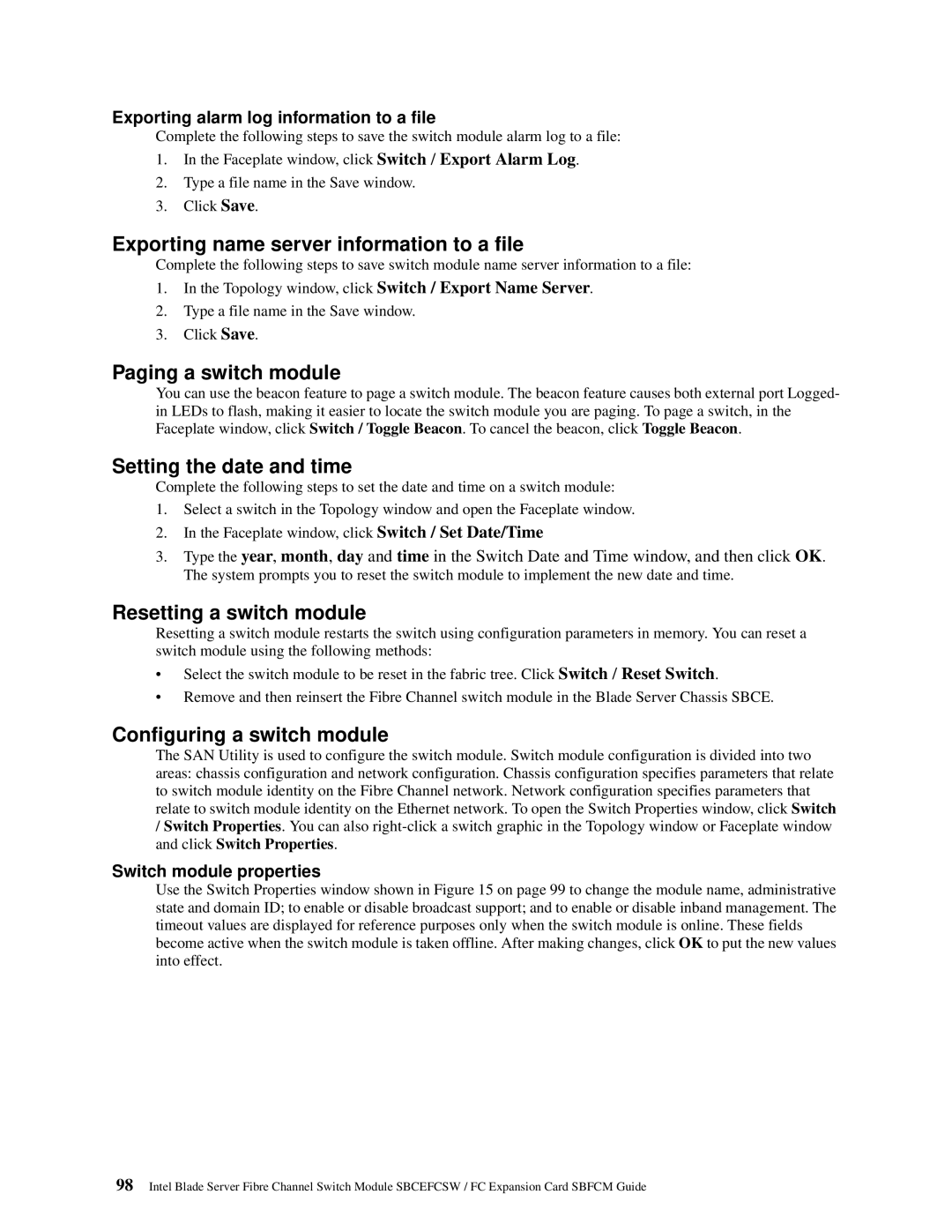 Intel SBFCM, SBCEFCSW manual Exporting name server information to a file, Paging a switch module, Setting the date and time 