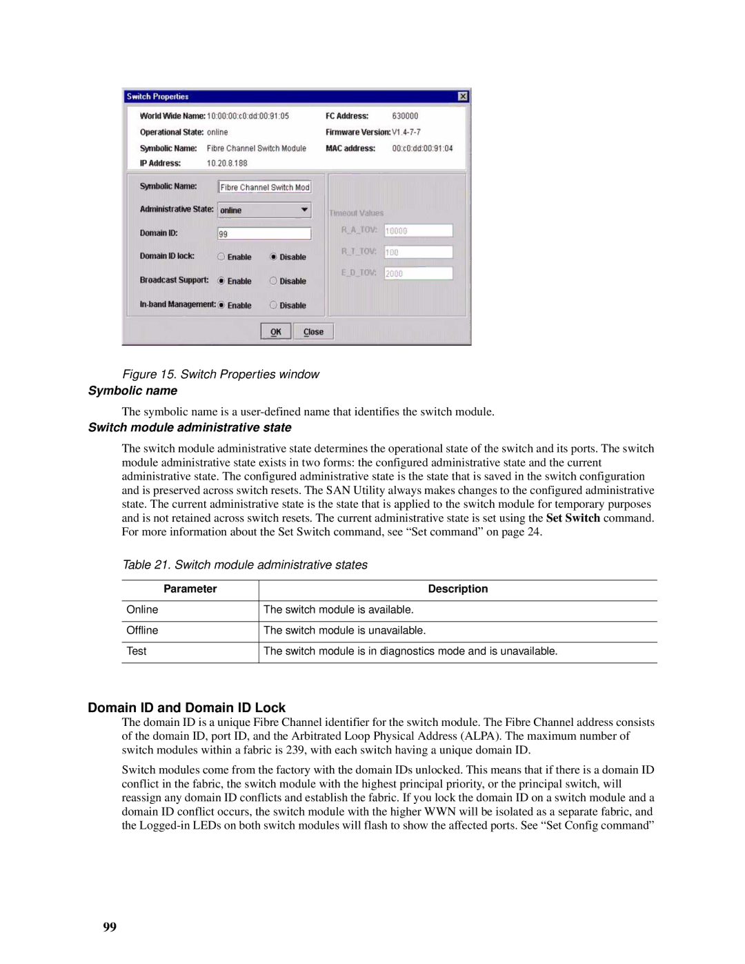 Intel SBCEFCSW, SBFCM manual Domain ID and Domain ID Lock, Switch module administrative states 