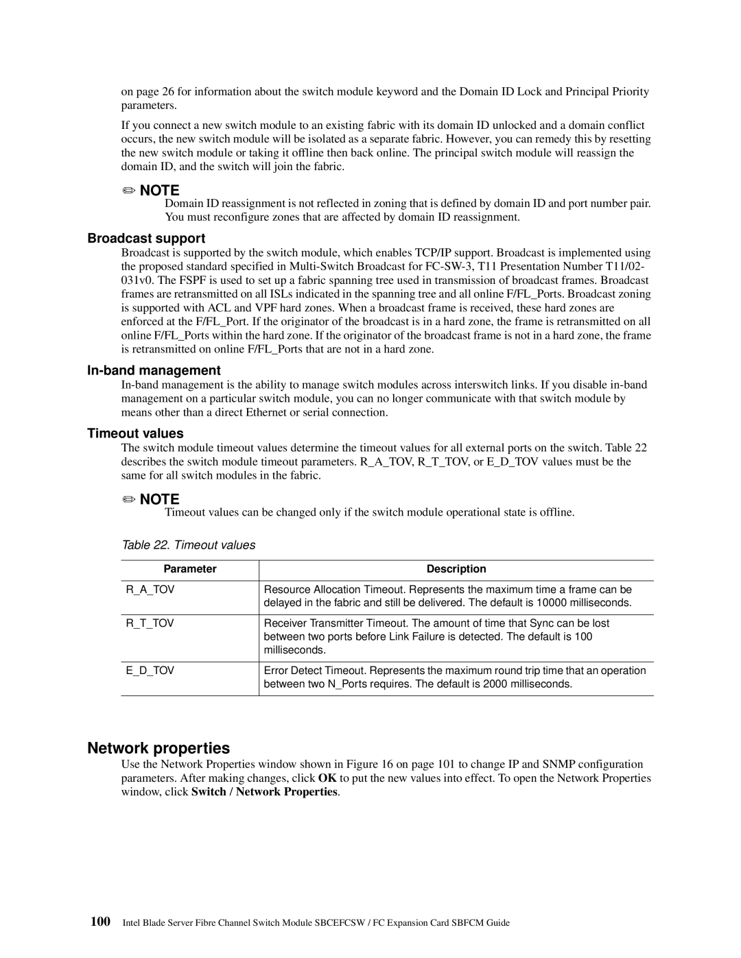 Intel SBFCM, SBCEFCSW manual Network properties, Broadcast support, In-band management, Timeout values 