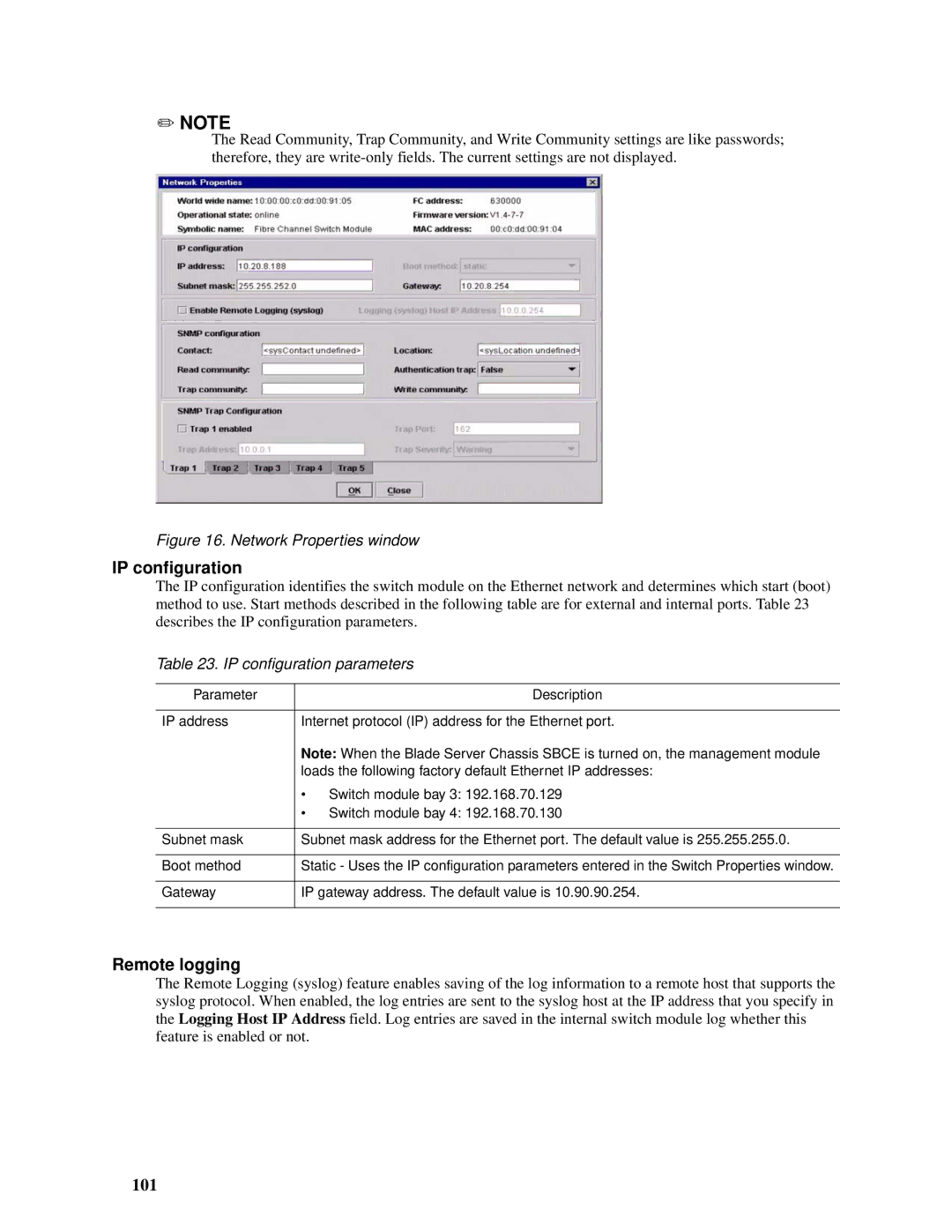 Intel SBCEFCSW, SBFCM manual Remote logging, 101, IP configuration parameters 