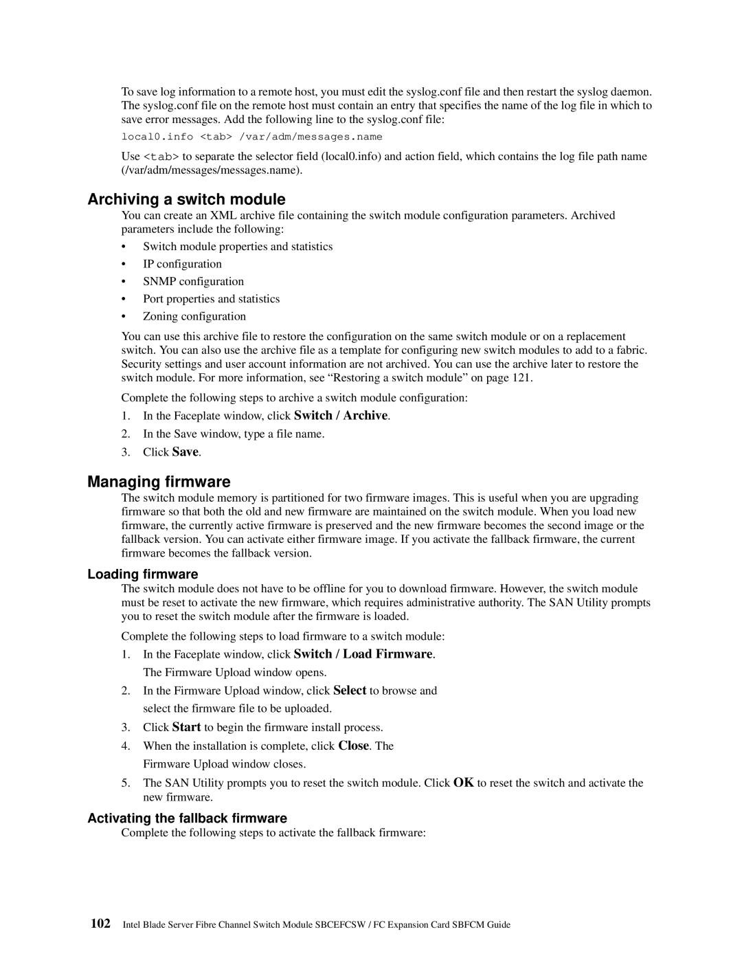 Intel SBFCM, SBCEFCSW Archiving a switch module, Managing firmware, Loading firmware, Activating the fallback firmware 