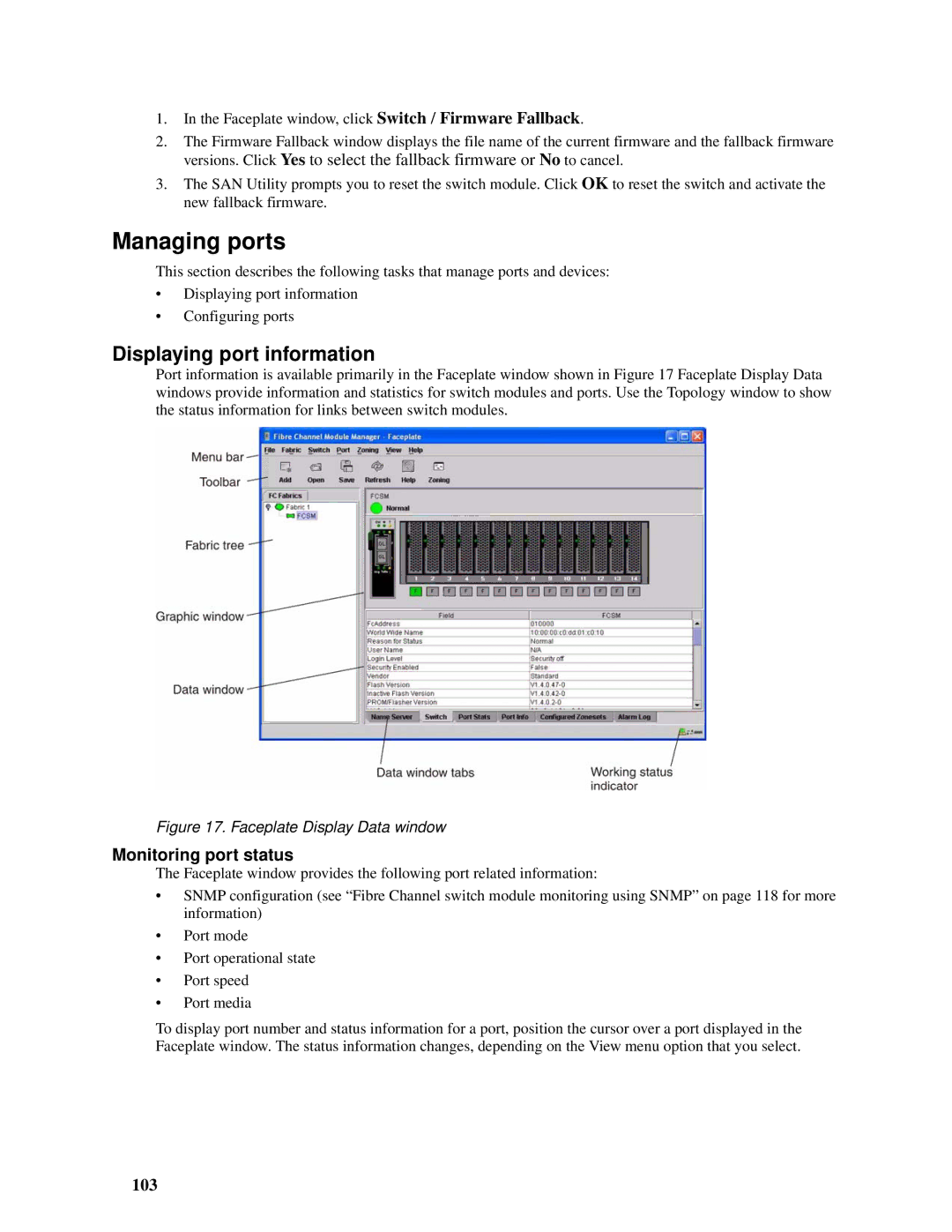 Intel SBCEFCSW, SBFCM manual Managing ports, Displaying port information, Monitoring port status, 103 