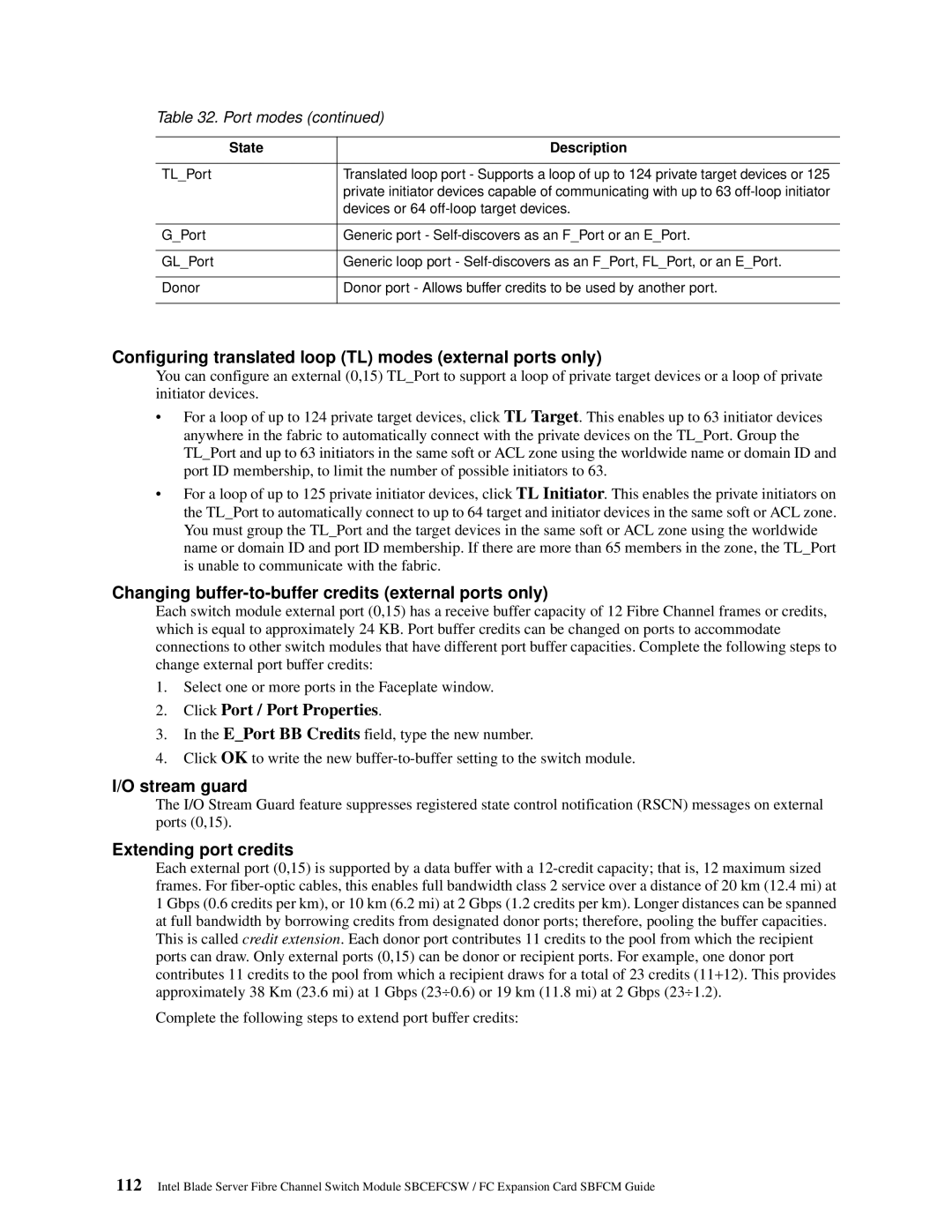 Intel SBFCM, SBCEFCSW manual Configuring translated loop TL modes external ports only, Stream guard, Extending port credits 