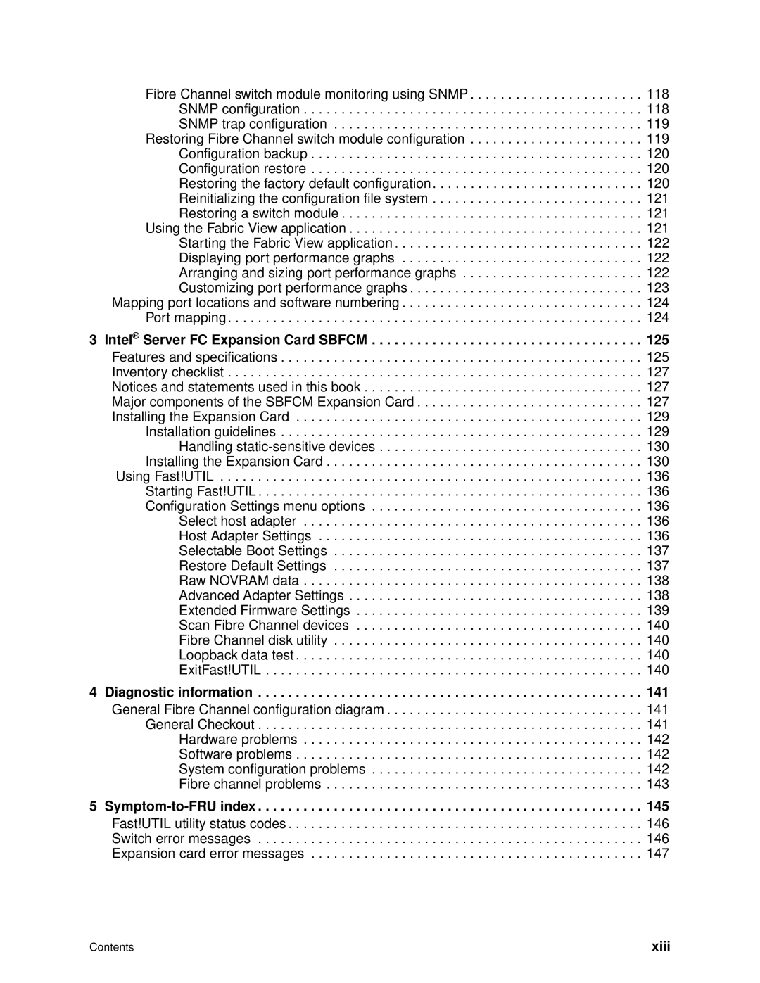 Intel SBCEFCSW, SBFCM manual Intel Server FC Expansion Card Sbfcm, Diagnostic information, Symptom-to-FRU index, Xiii 