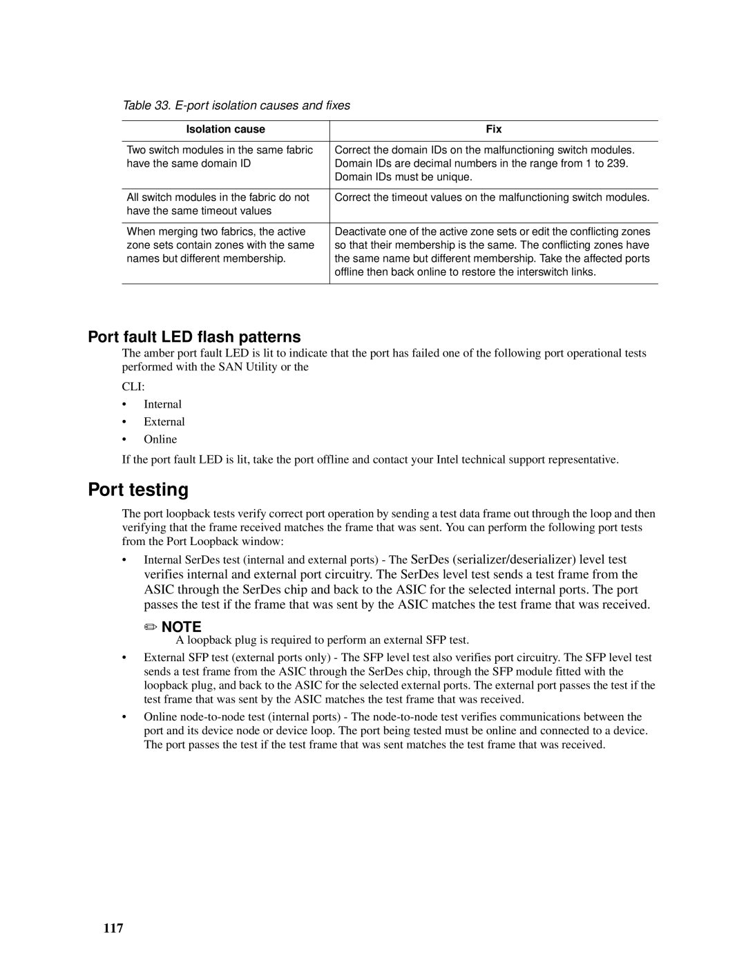 Intel SBCEFCSW Port testing, Port fault LED flash patterns, 117, Port isolation causes and fixes, Isolation cause Fix 