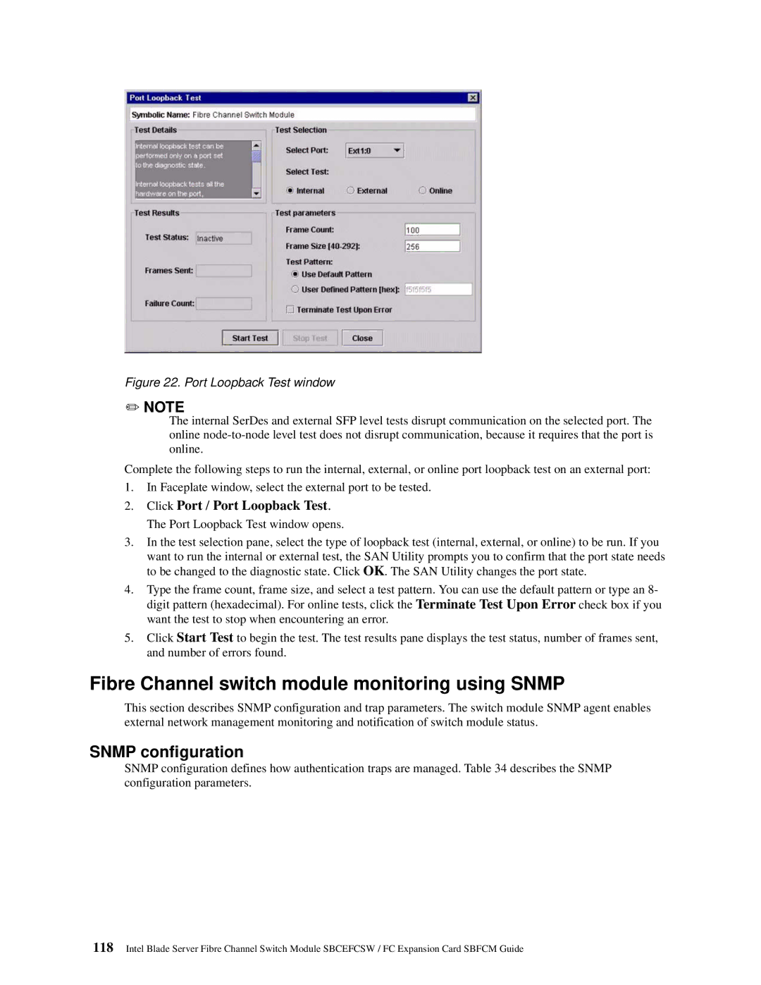 Intel SBFCM manual Fibre Channel switch module monitoring using Snmp, Snmp configuration, Click Port / Port Loopback Test 