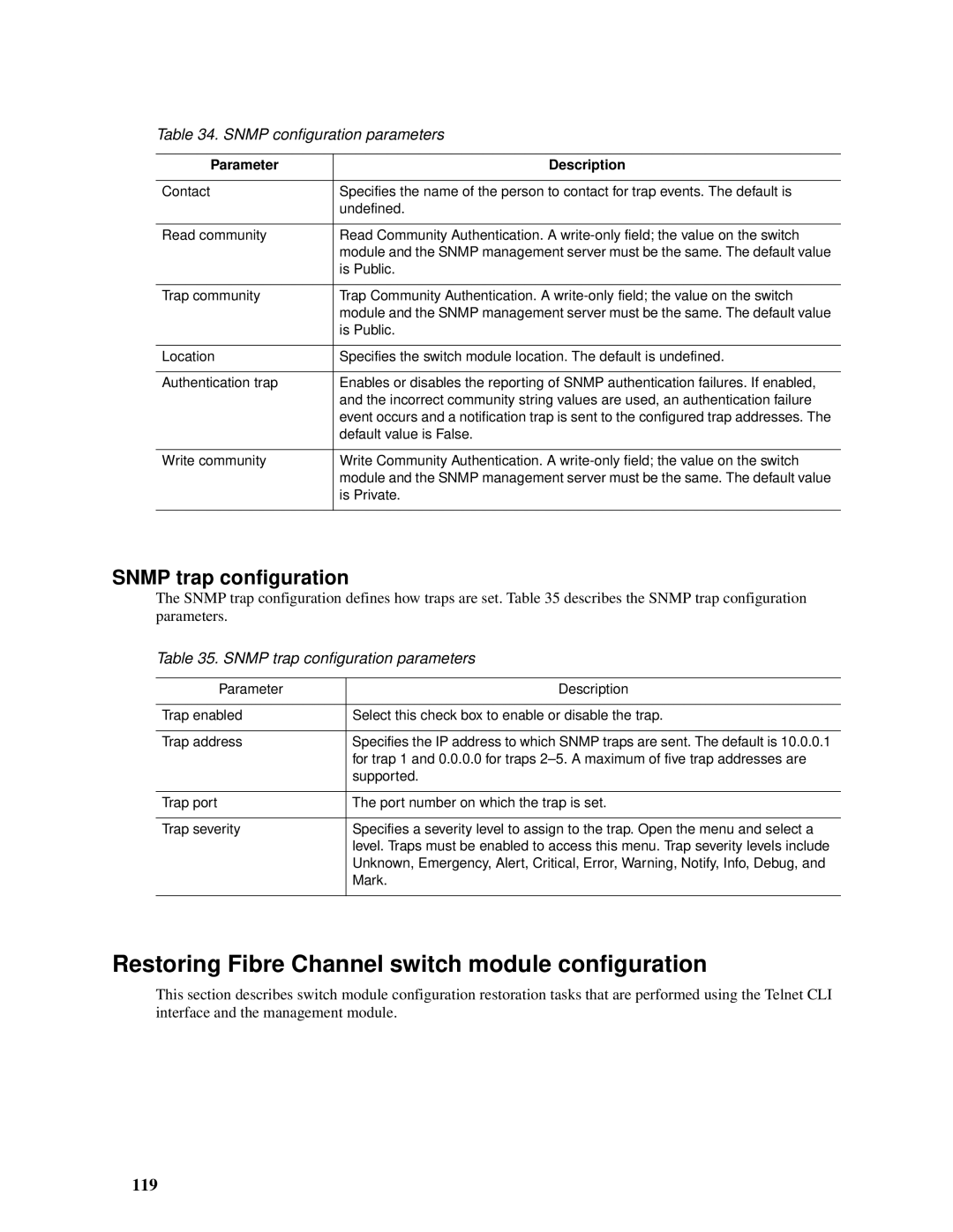 Intel SBCEFCSW, SBFCM manual Restoring Fibre Channel switch module configuration, Snmp trap configuration, 119 