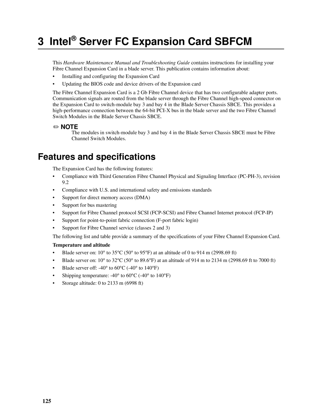 Intel SBCEFCSW, SBFCM manual Features and specifications, 125, Temperature and altitude 