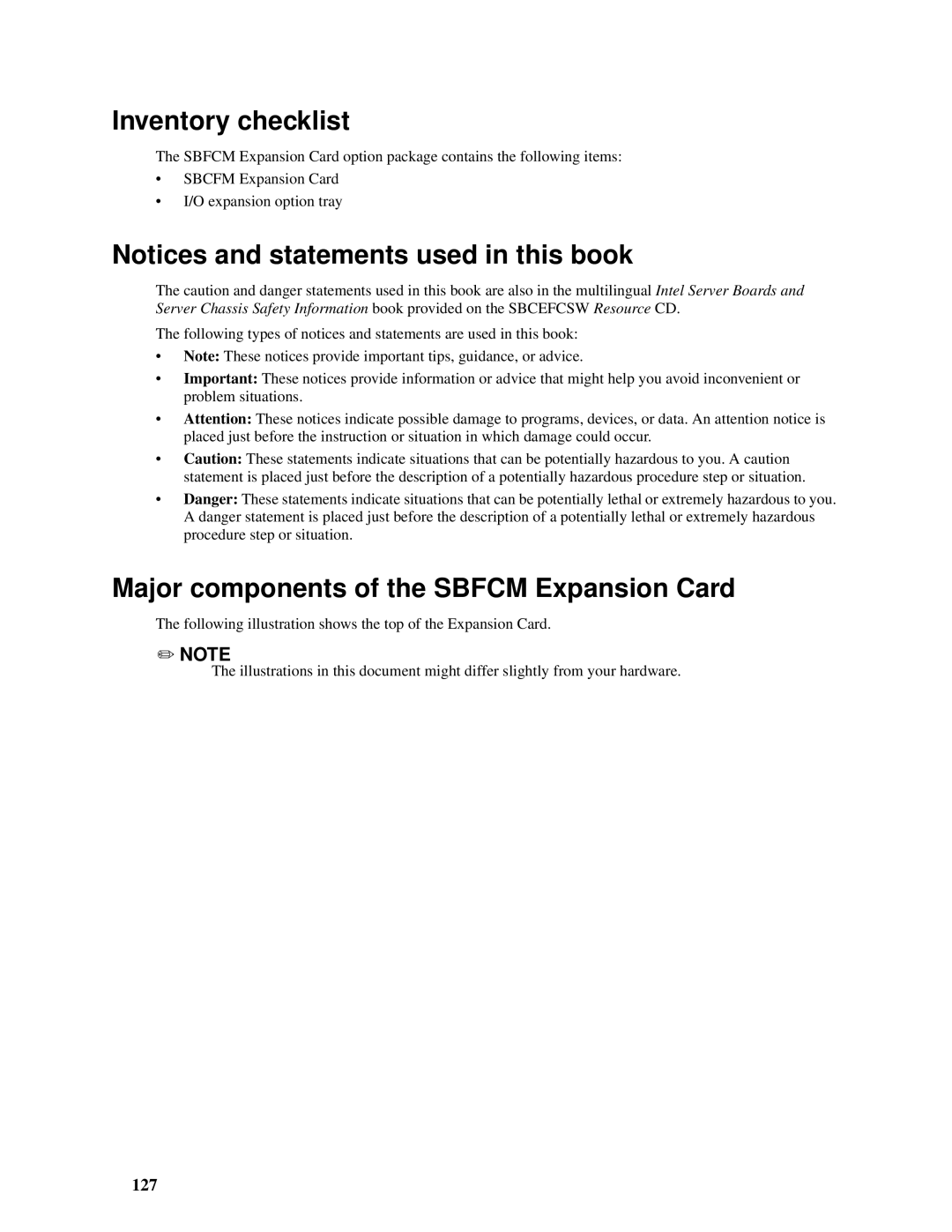 Intel SBCEFCSW, SBFCM manual Inventory checklist, Major components of the Sbfcm Expansion Card, 127 