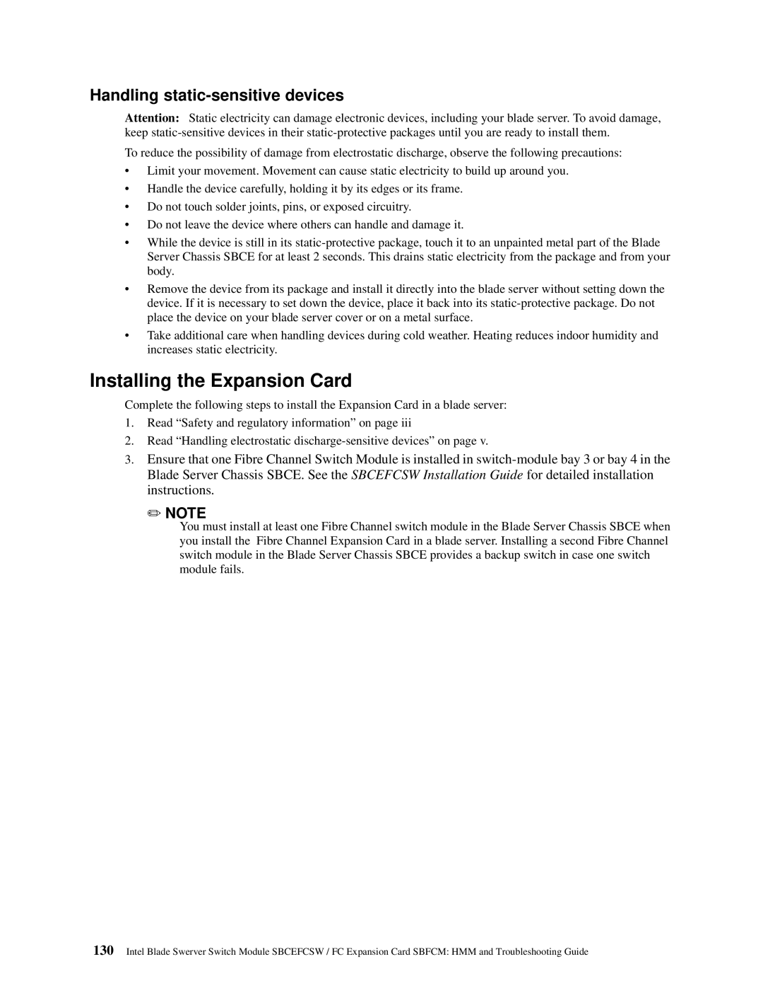 Intel SBFCM, SBCEFCSW manual Installing the Expansion Card, Handling static-sensitive devices 