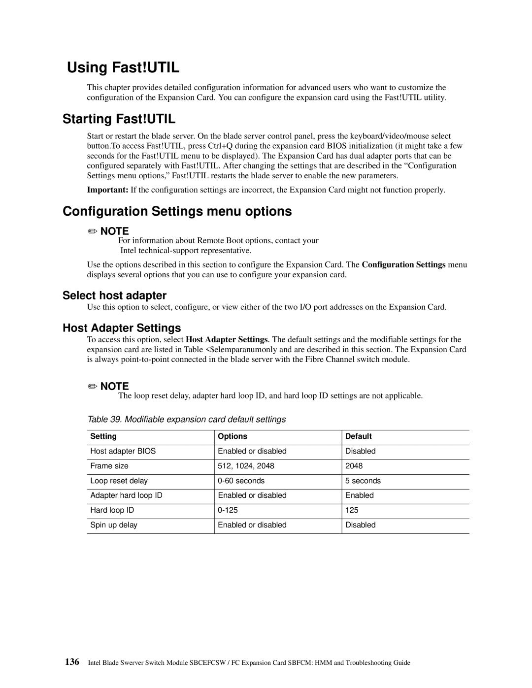 Intel SBFCM, SBCEFCSW manual Using Fast!UTIL, Starting Fast!UTIL, Configuration Settings menu options, Select host adapter 