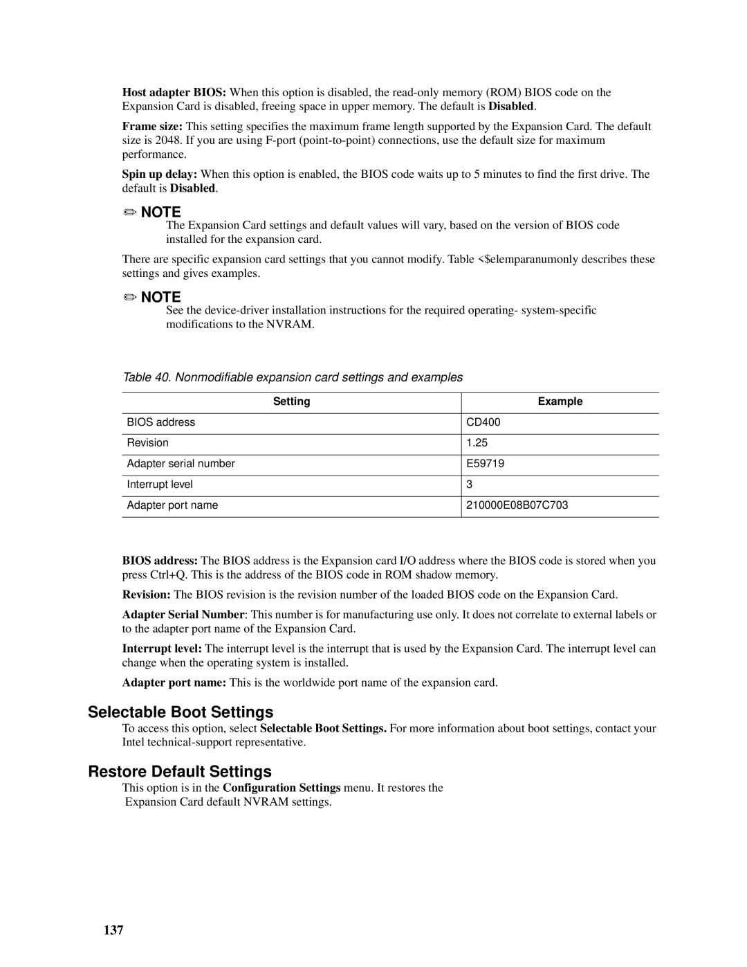 Intel SBCEFCSW Selectable Boot Settings, Restore Default Settings, 137, Nonmodifiable expansion card settings and examples 