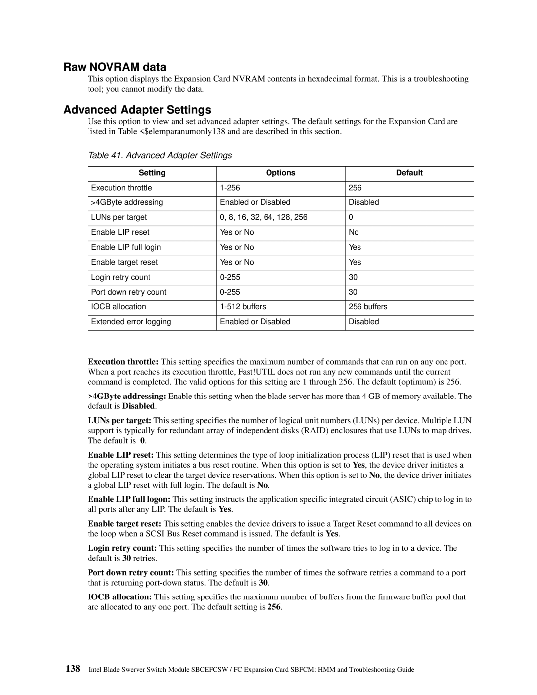 Intel SBFCM, SBCEFCSW manual Raw Novram data, Advanced Adapter Settings 