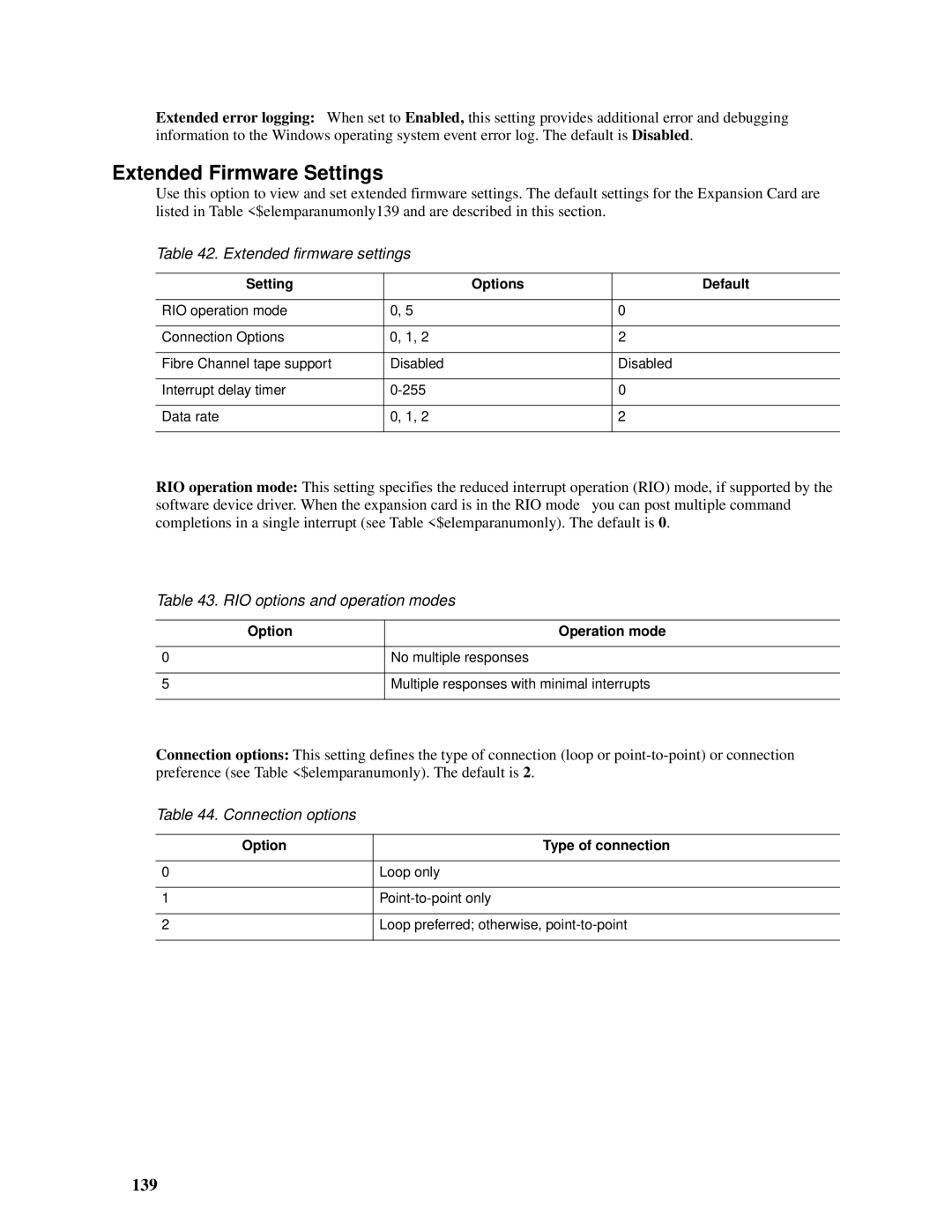 Intel SBCEFCSW, SBFCM manual Extended Firmware Settings, 139, Extended firmware settings, RIO options and operation modes 