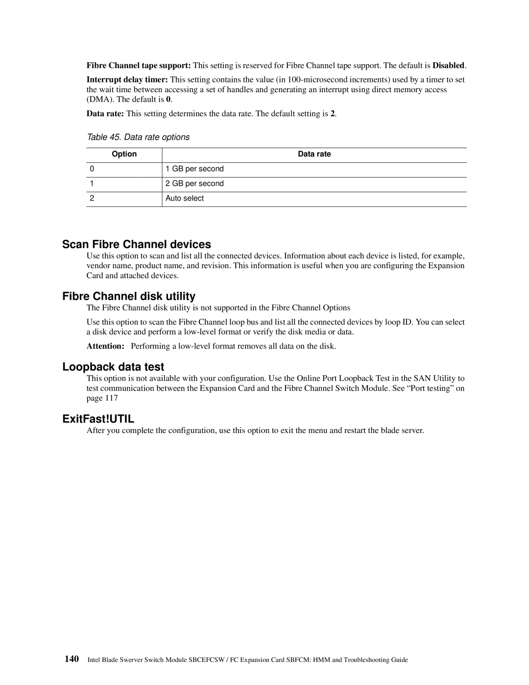 Intel SBFCM Scan Fibre Channel devices, Fibre Channel disk utility, Loopback data test, ExitFast!UTIL, Data rate options 