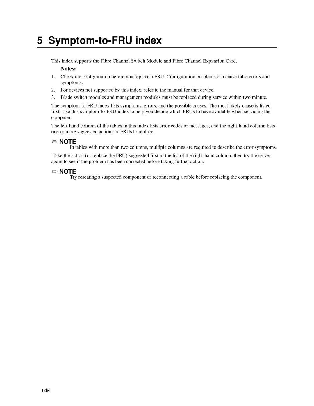 Intel SBCEFCSW, SBFCM manual Symptom-to-FRU index, 145 