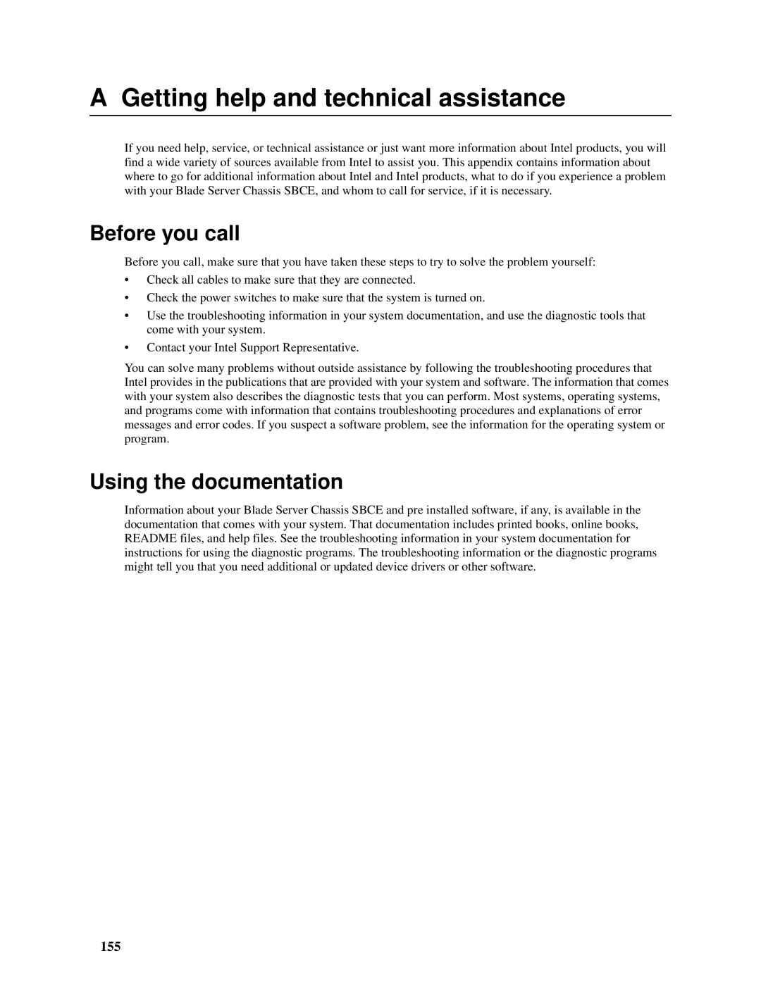 Intel SBCEFCSW, SBFCM manual Before you call, Using the documentation, 155 