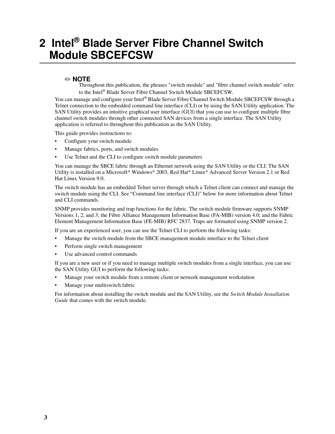 Intel SBCEFCSW, SBFCM manual Intel Blade Server Fibre Channel Switch Module Sbcefcsw 