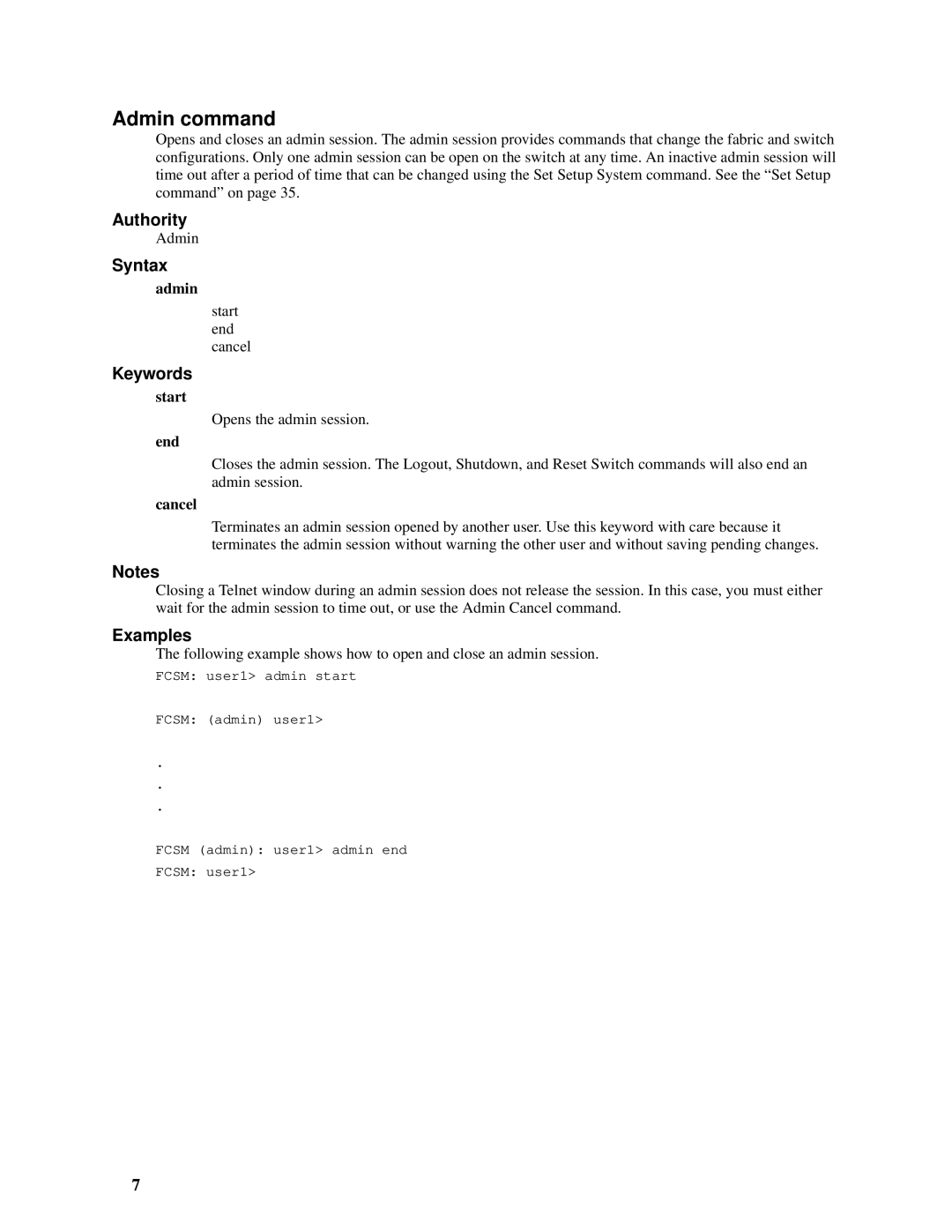 Intel SBCEFCSW, SBFCM manual Admin command, Authority, Syntax, Keywords, Examples 