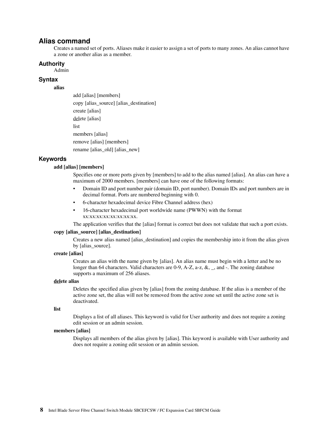 Intel SBFCM, SBCEFCSW manual Alias command 