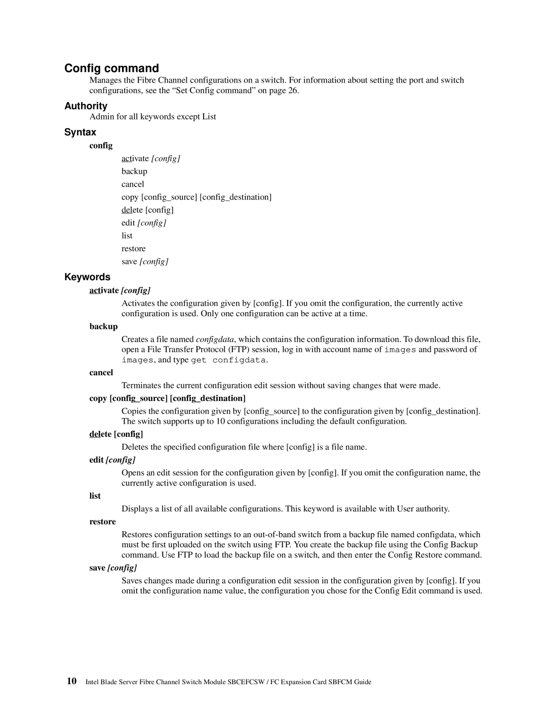 Intel SBFCM, SBCEFCSW manual Config command 