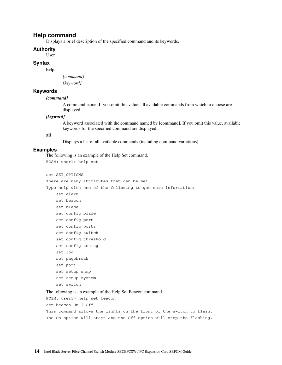 Intel SBFCM, SBCEFCSW manual Help command, All 