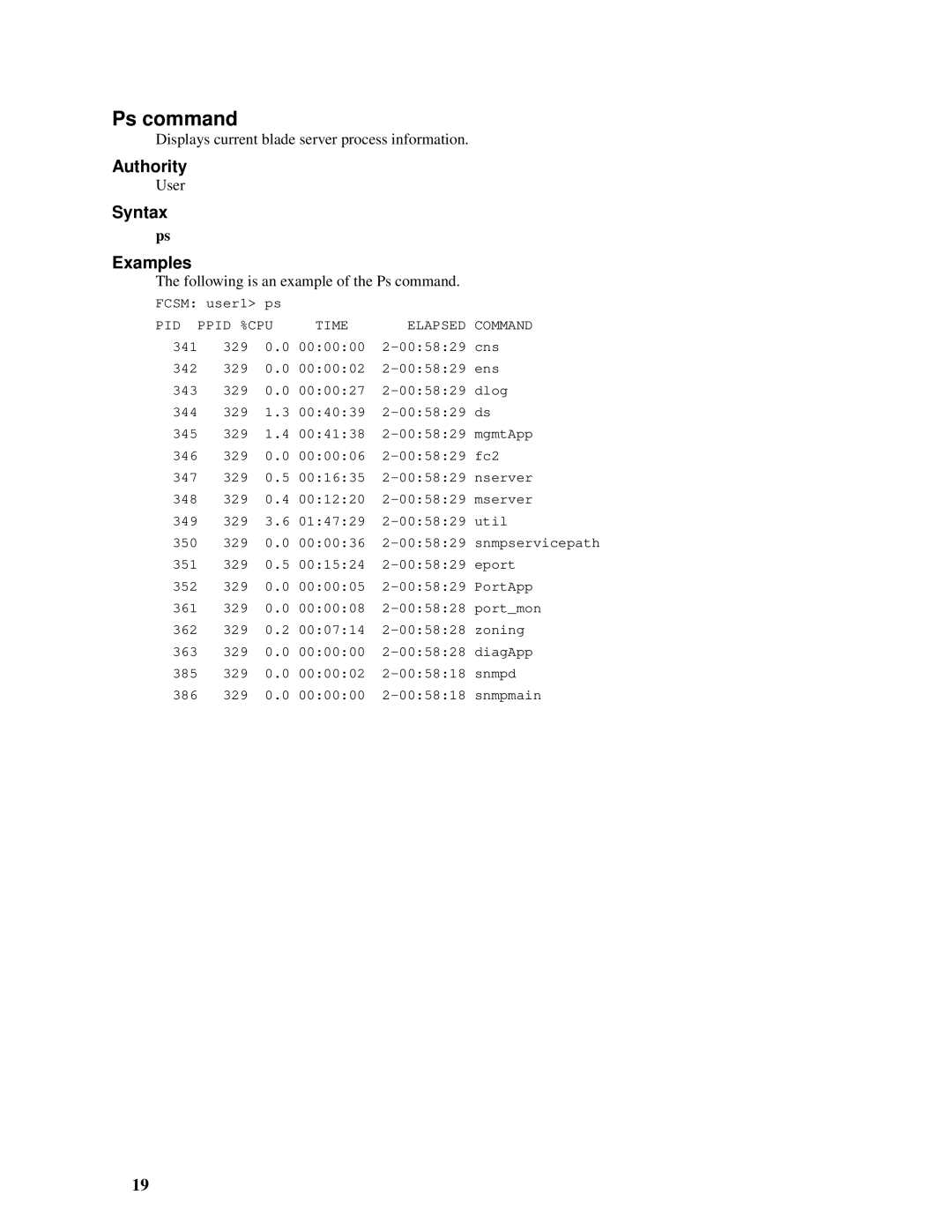 Intel SBCEFCSW, SBFCM manual Ps command, Syntax Examples, Displays current blade server process information 