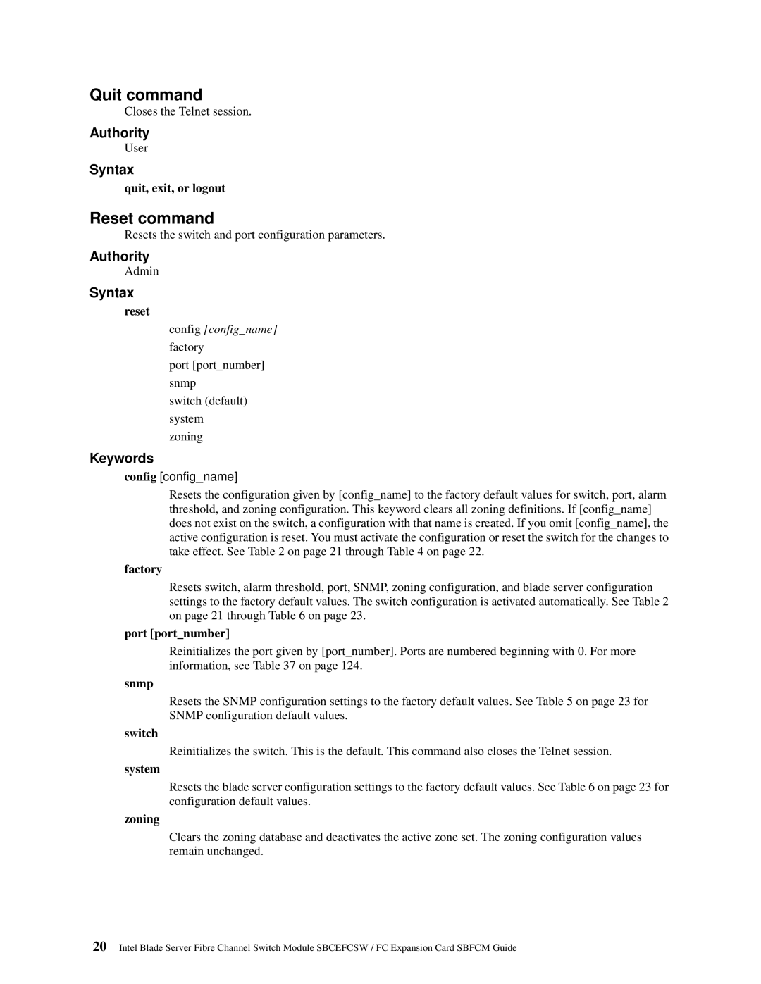 Intel SBFCM, SBCEFCSW manual Quit command, Reset command 